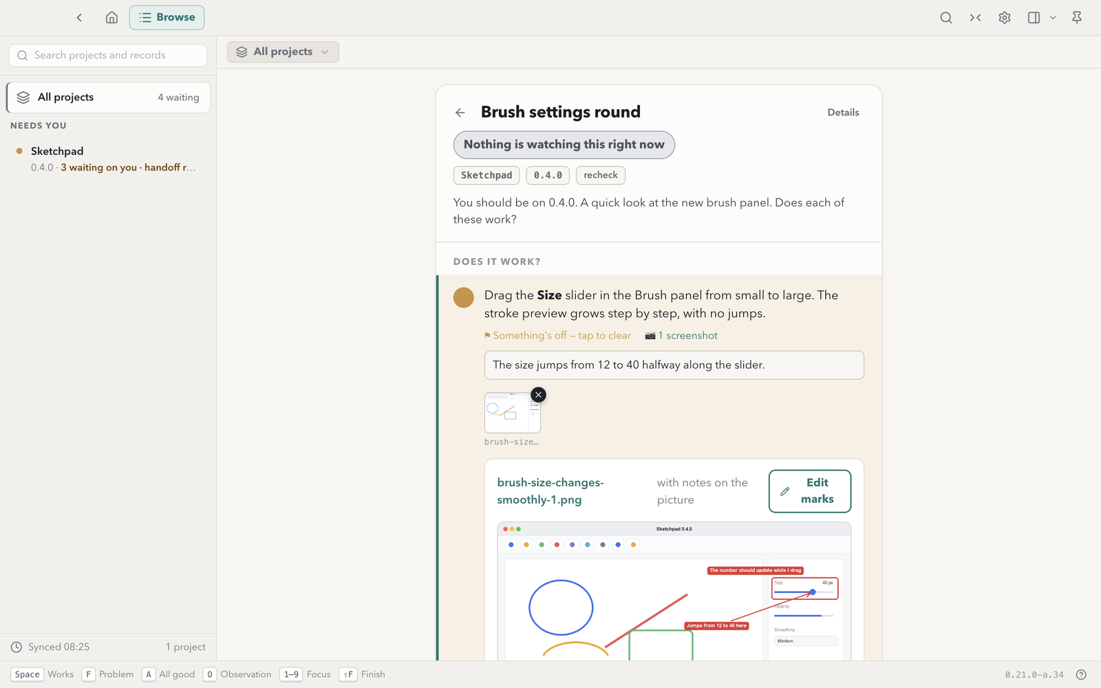 A check request for a drawing app: one check marked as a problem with a comment and a marked-up screenshot, the others waiting.
