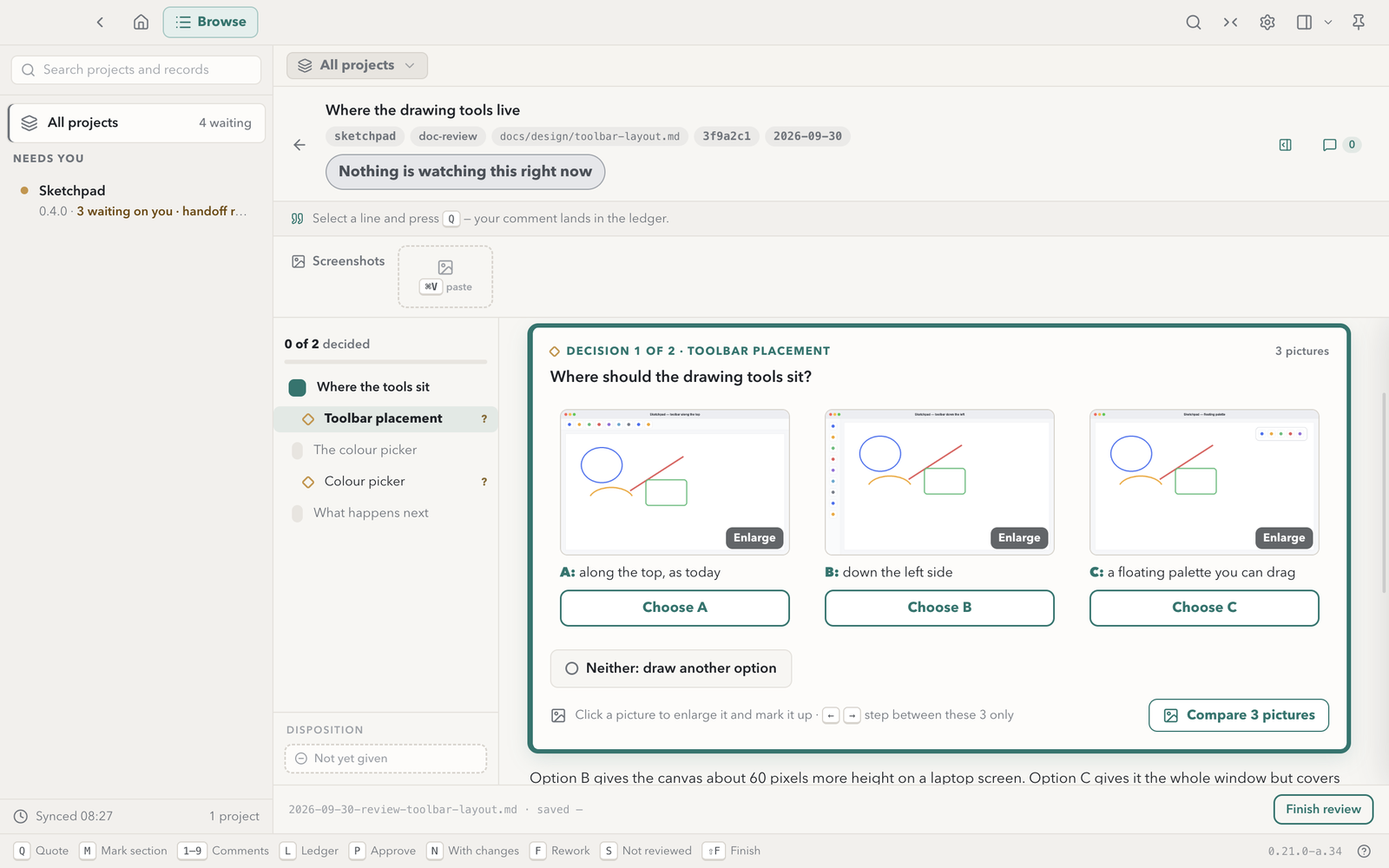 A design review asking where the drawing tools should sit, with three option pictures side by side and a Choose button under each.