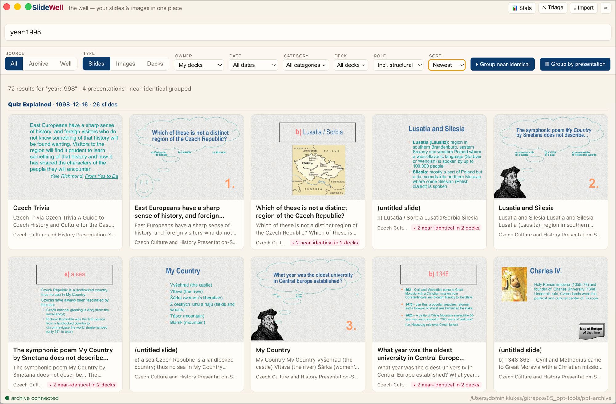 SlideWell showing a grid of slide thumbnails with a search box and Slides / Images / Decks filters.